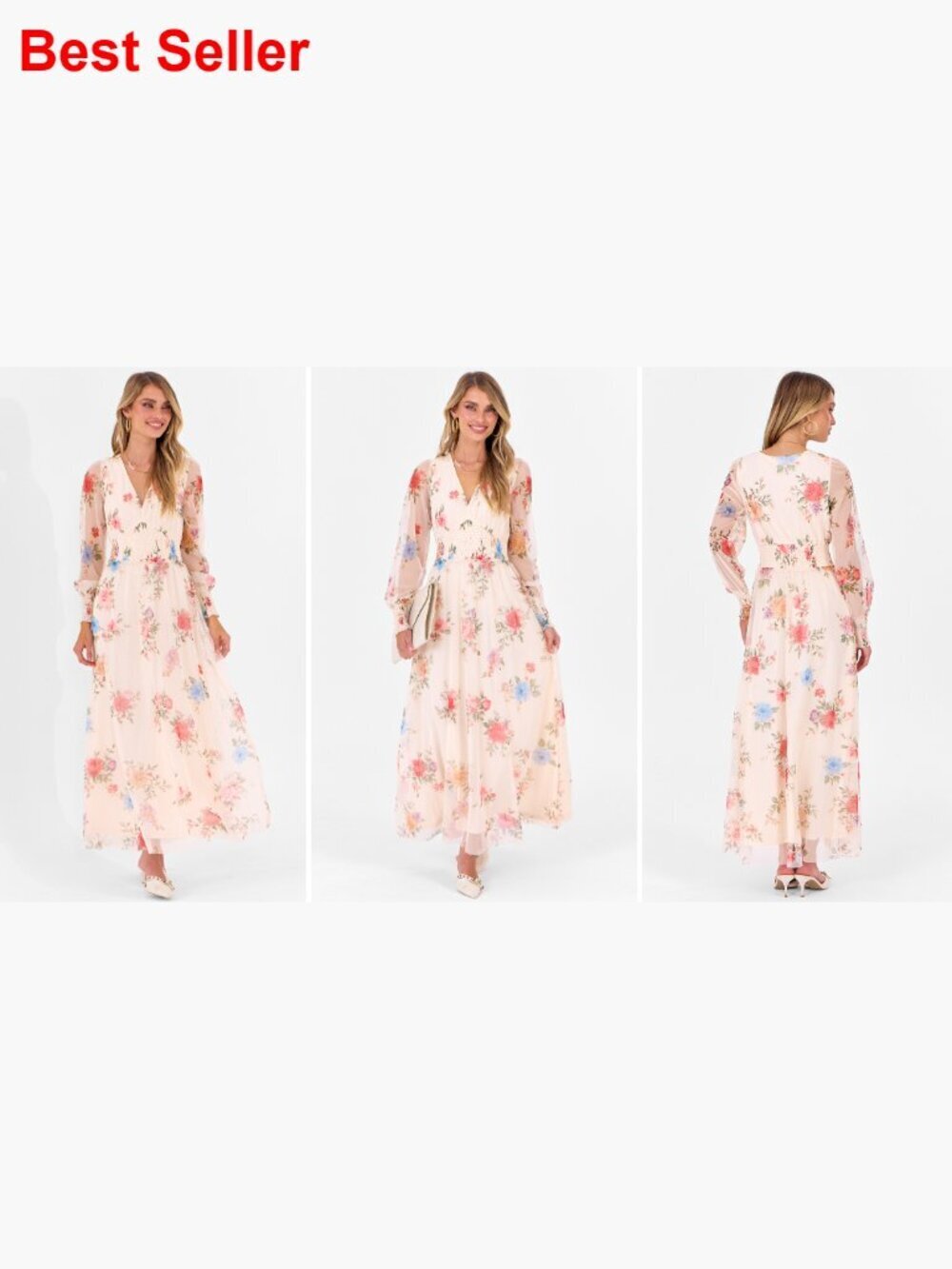 Floral Maxi Dress with Puff Sleeves, V-Neck, 100% Polyester - Picture 7 of 7